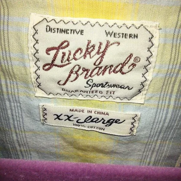 Lucky Brand Men's XXL Western Shirt Pearl Snap Long Sleeve Yellow & Blue Plaid - Picture 4 of 8